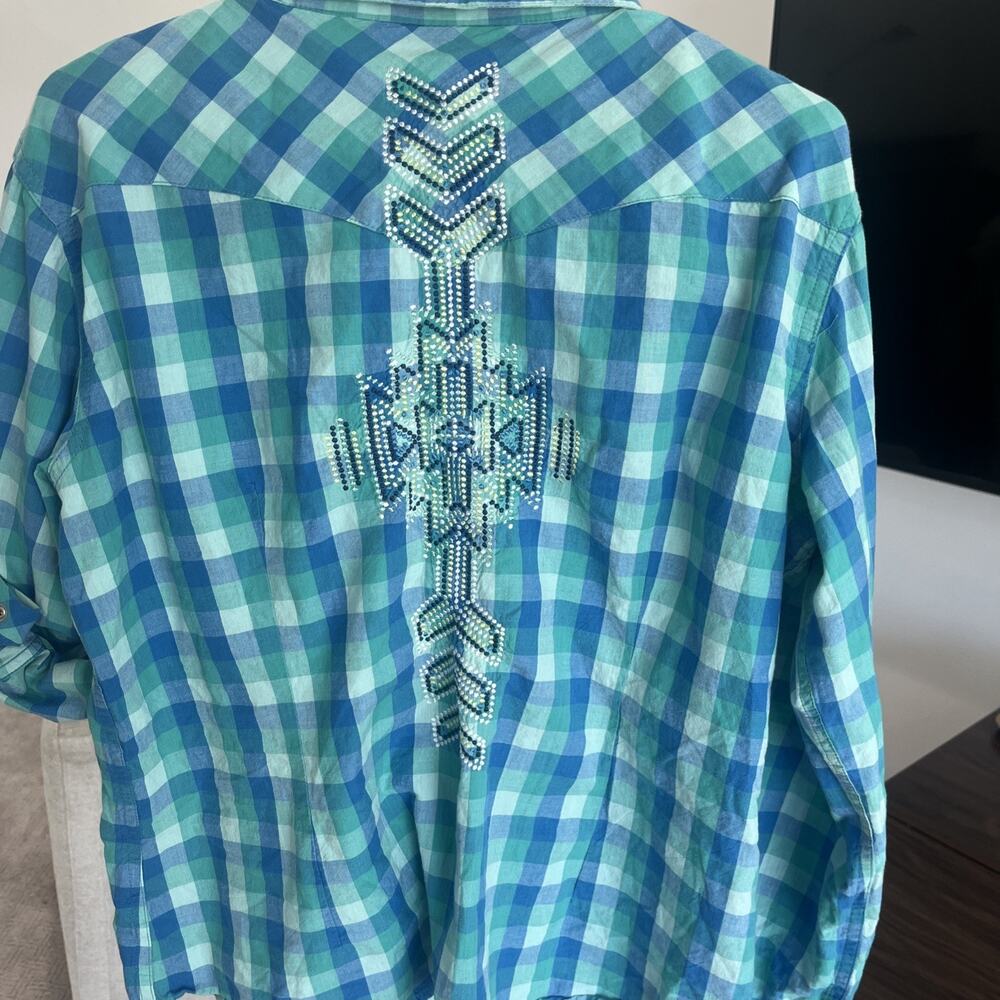 VTG Panhandle Women Snap Front Shirt Turquoise Aztec Beads Roll Tab Large - Picture 4 of 15